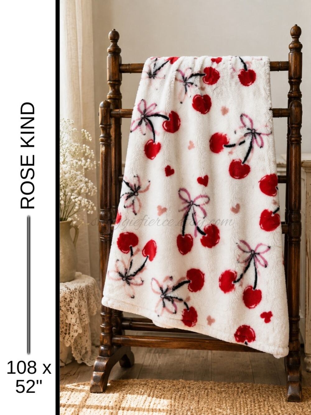 MSRP: $69.99 | ✨ Rose Kind Cherry Bow Plush Oversized Throw Blanket 108” x 52” ✨